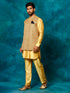 Vastramay Men's Mustard Geometric Printed Nehru Jacket With Curved Kurta And Pant Set
